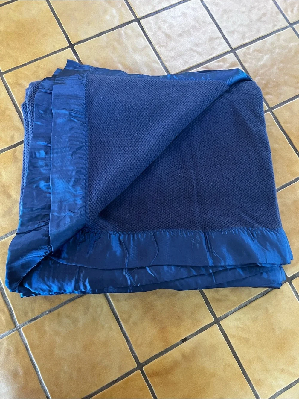 Vintage Ralph Lauren Acrylic Blanket Satin Trim Navy Blue King Size Made In USA